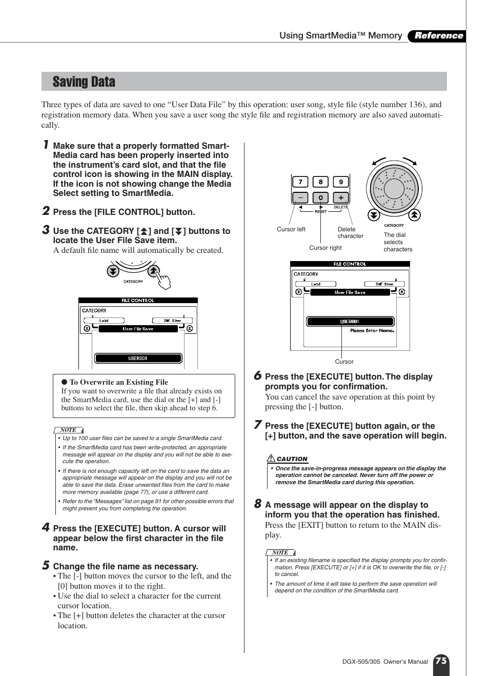 Saving data | Yamaha DGX-305 User Manual | Page 75 / 112