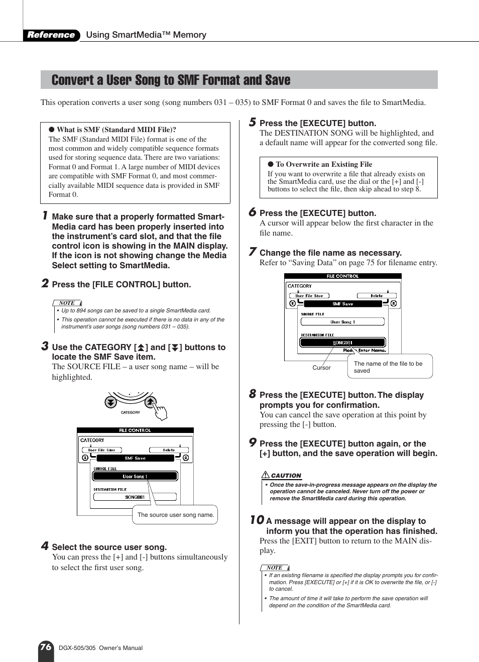 Convert a user song to smf format and save | Yamaha DGX-305 User Manual | Page 76 / 112