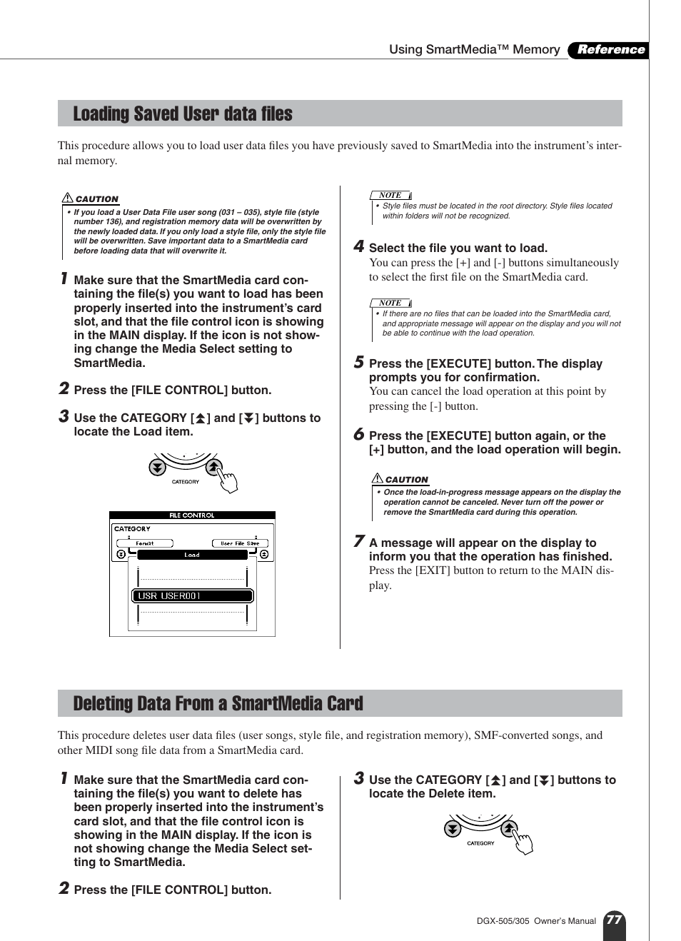 Loading saved user data files, Deleting data from a smartmedia card | Yamaha DGX-305 User Manual | Page 77 / 112