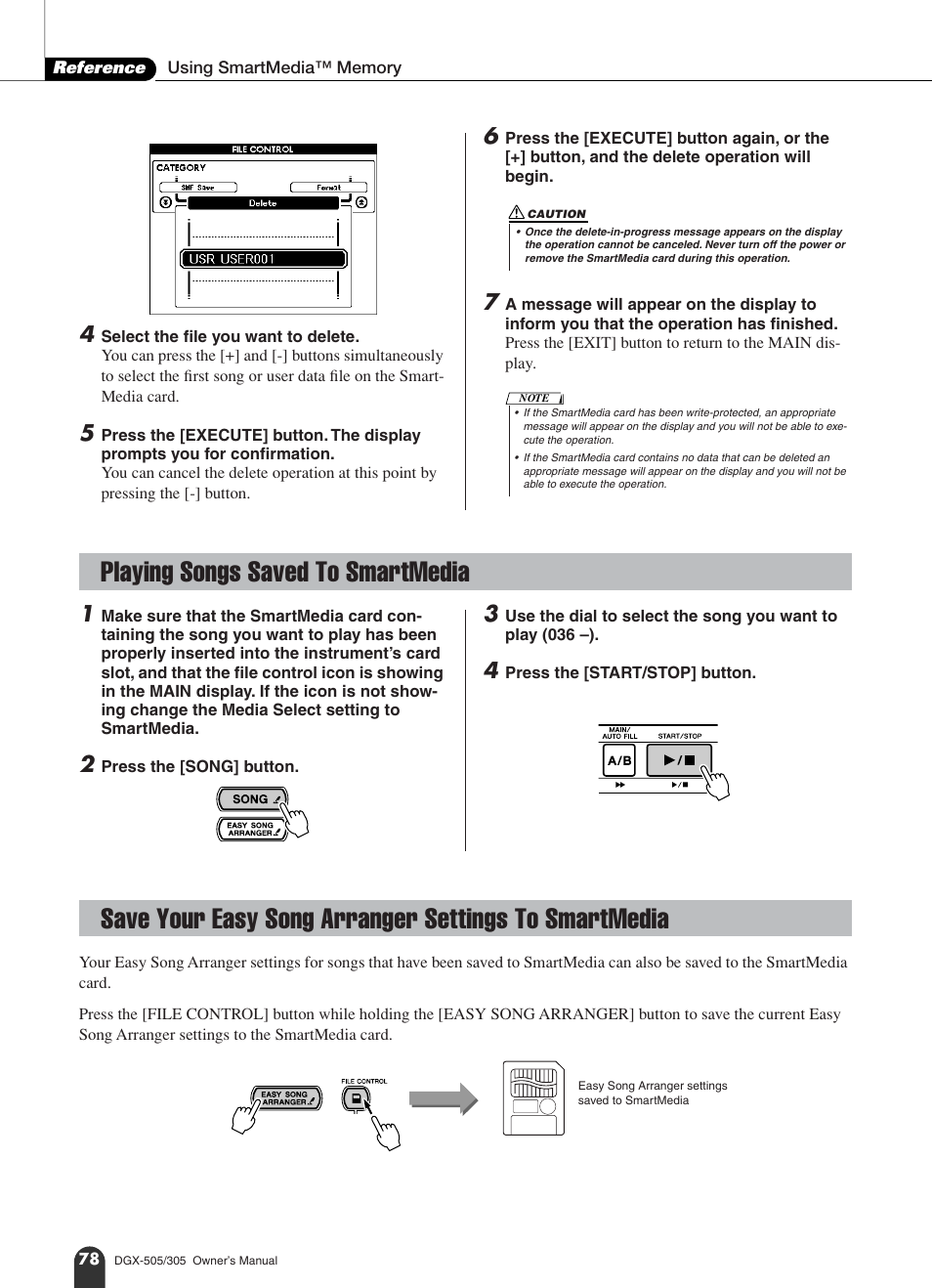 Playing songs saved to smartmedia | Yamaha DGX-305 User Manual | Page 78 / 112