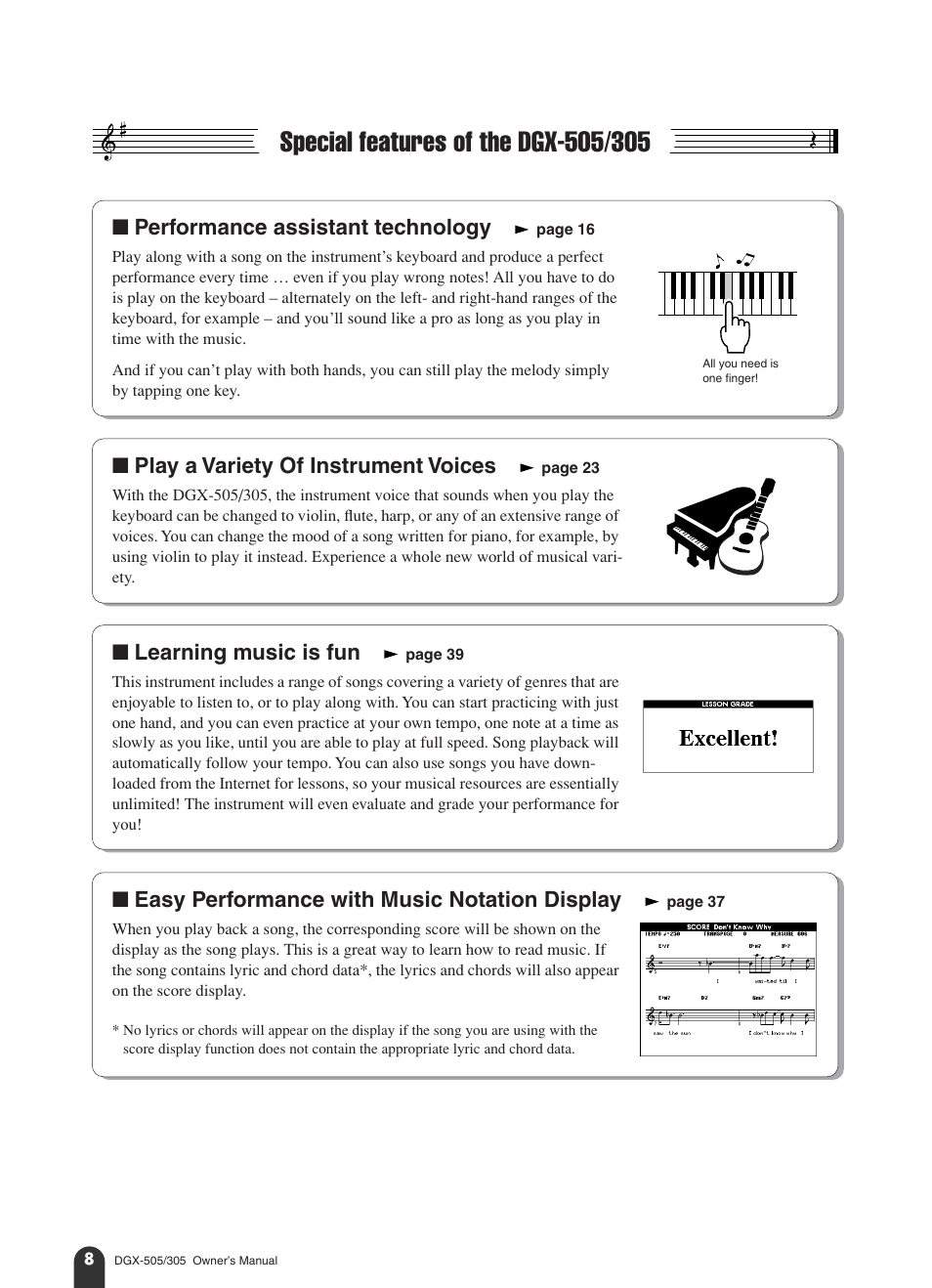 Special features of the dgx-505/305, Performance assistant technology, Play a variety of instrument voices | Learning music is fun, Easy performance with music notation display | Yamaha DGX-305 User Manual | Page 8 / 112