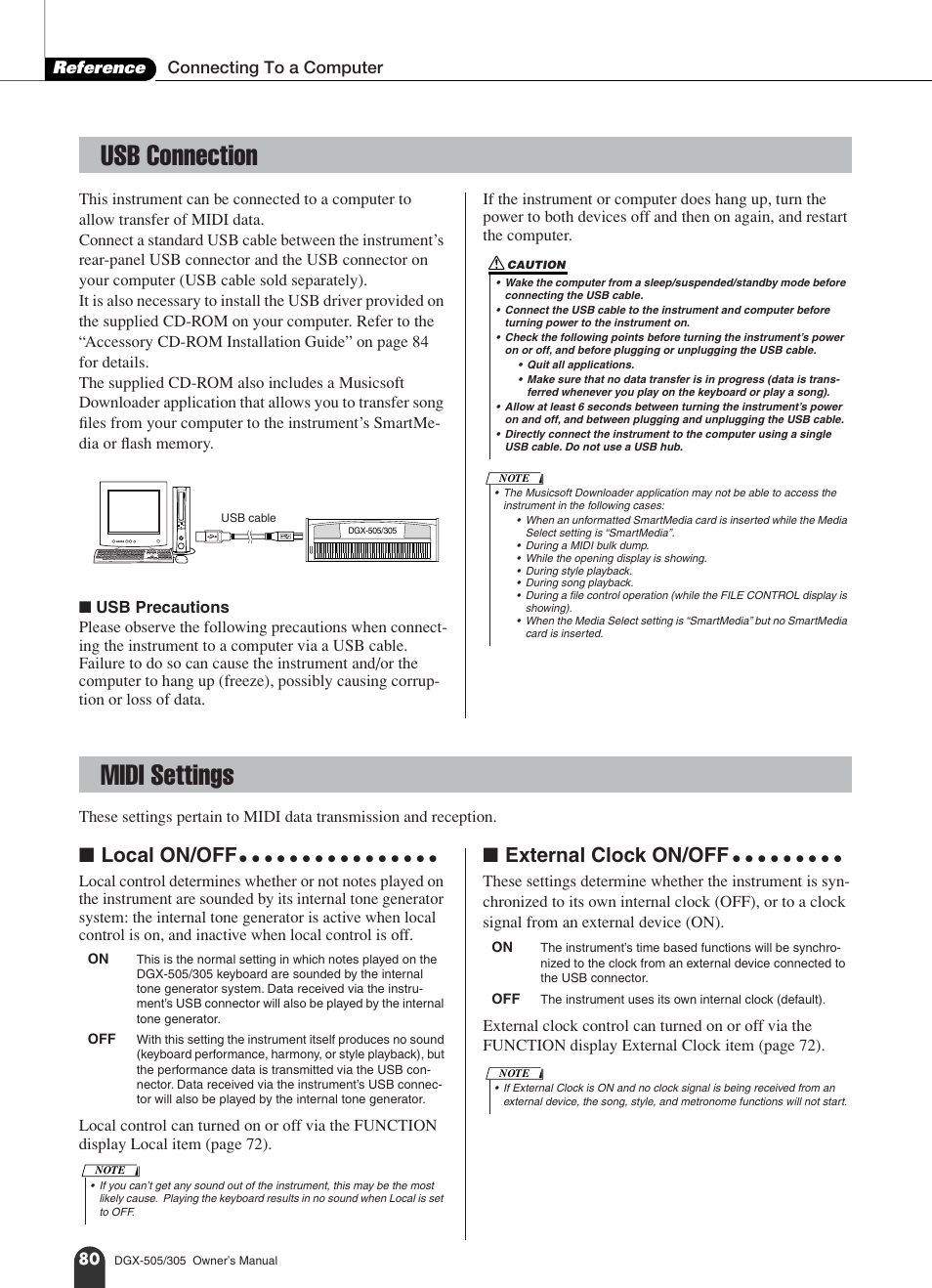 Usb connection, Midi settings, Usb connection midi settings | Local on/off, External clock on/off, Reference connecting to a computer | Yamaha DGX-305 User Manual | Page 80 / 112