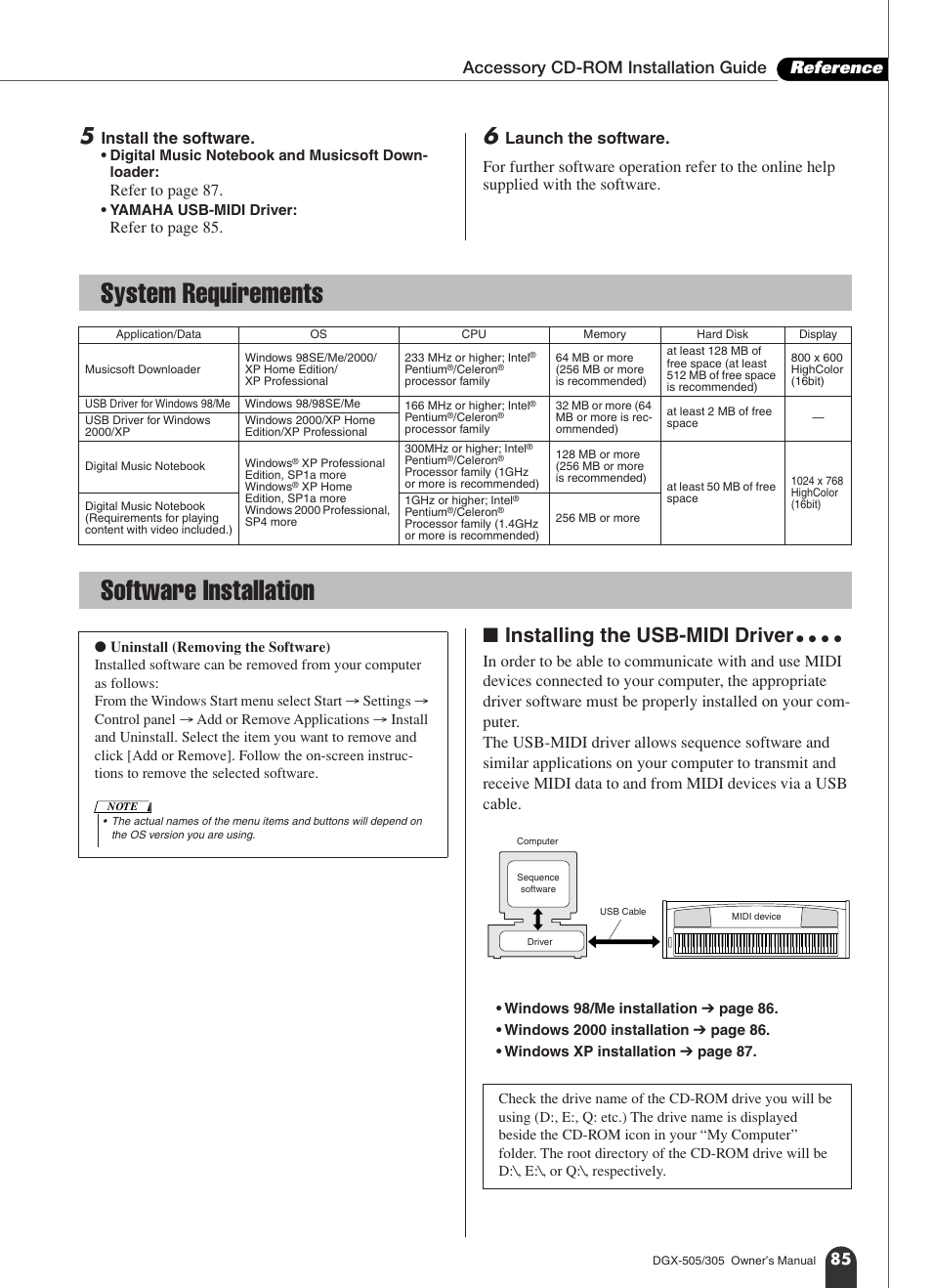 System requirements, Software installation, System requirements software installation | Installing the usb-midi driver, Accessory cd-rom installation guide reference | Yamaha DGX-305 User Manual | Page 85 / 112