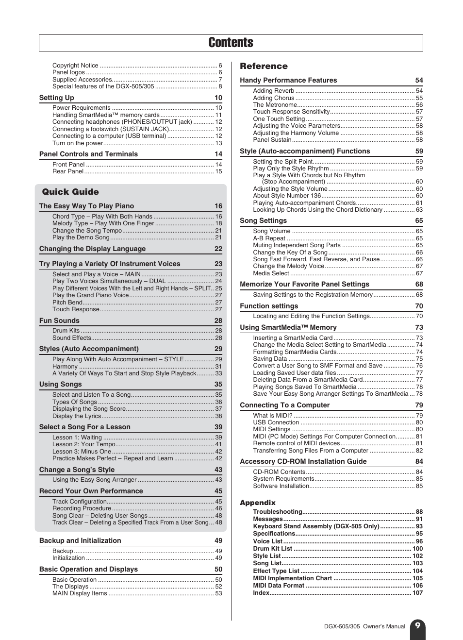Yamaha DGX-305 User Manual | Page 9 / 112