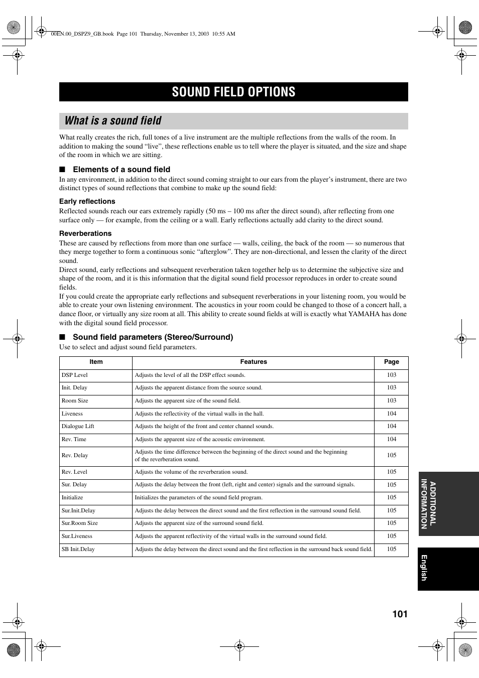 Additional information, Sound field options, What is a sound field | Yamaha DSP-Z9 User Manual | Page 103 / 122