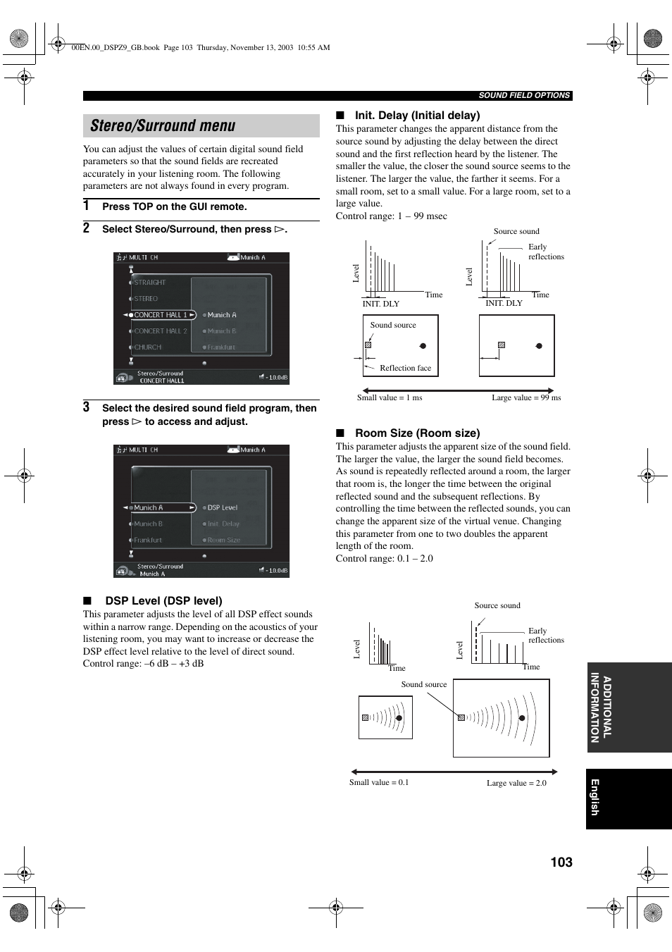 Stereo/surround menu | Yamaha DSP-Z9 User Manual | Page 105 / 122
