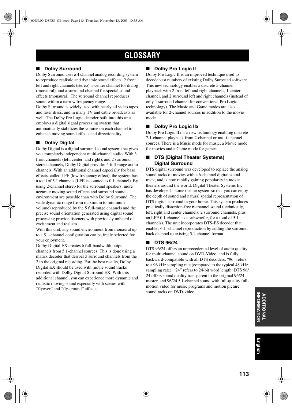 Glossary | Yamaha DSP-Z9 User Manual | Page 115 / 122