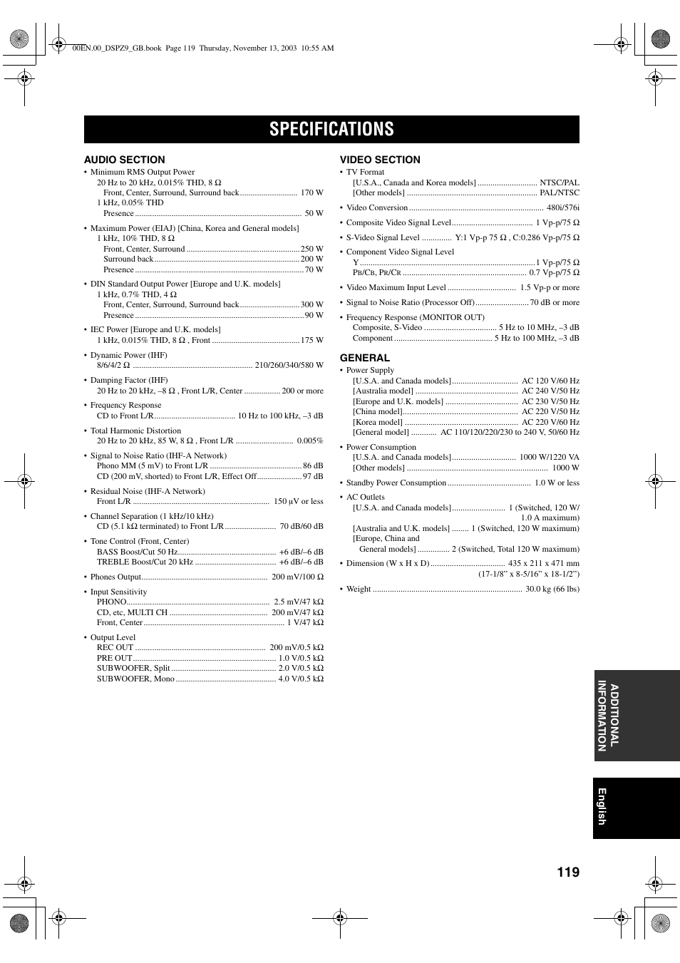 Specifications | Yamaha DSP-Z9 User Manual | Page 121 / 122