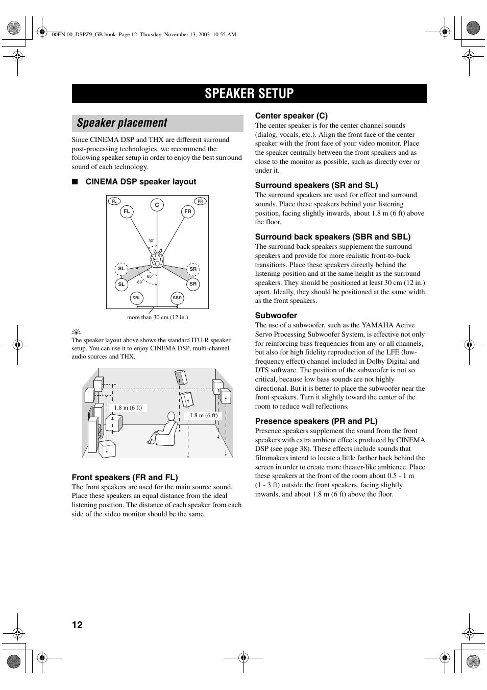 Preparation, Speaker setup, Speaker placement | Yamaha DSP-Z9 User Manual | Page 14 / 122