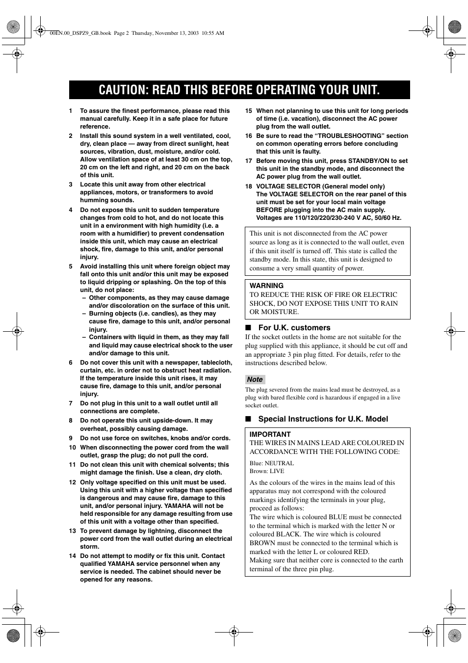 Caution: read this before operating your unit | Yamaha DSP-Z9 User Manual | Page 2 / 122