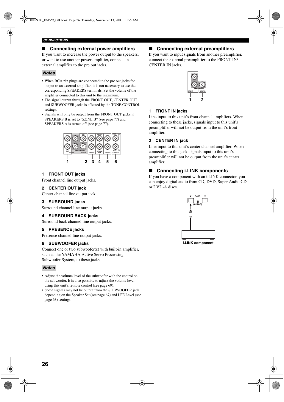 Connecting external power amplifiers, Connecting external preamplifiers, Connecting i.link components | Yamaha DSP-Z9 User Manual | Page 28 / 122