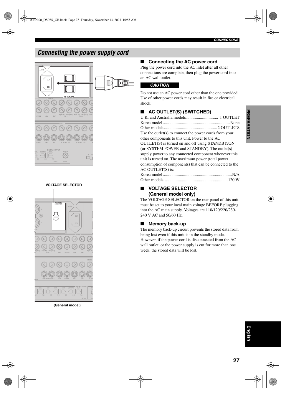 Connecting the power supply cord, Connecting the ac power cord, Ac outlet(s) (switched) | Voltage selector (general model only), English, Pre p ara t ion, Caution, Voltage selector (general model), Connections | Yamaha DSP-Z9 User Manual | Page 29 / 122