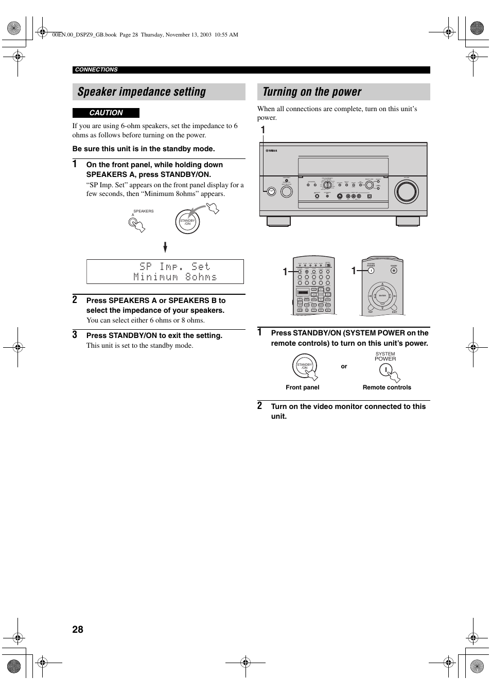 Speaker impedance setting, Turning on the power, Turn on the video monitor connected to this unit | Caution, Phono dvr | Yamaha DSP-Z9 User Manual | Page 30 / 122