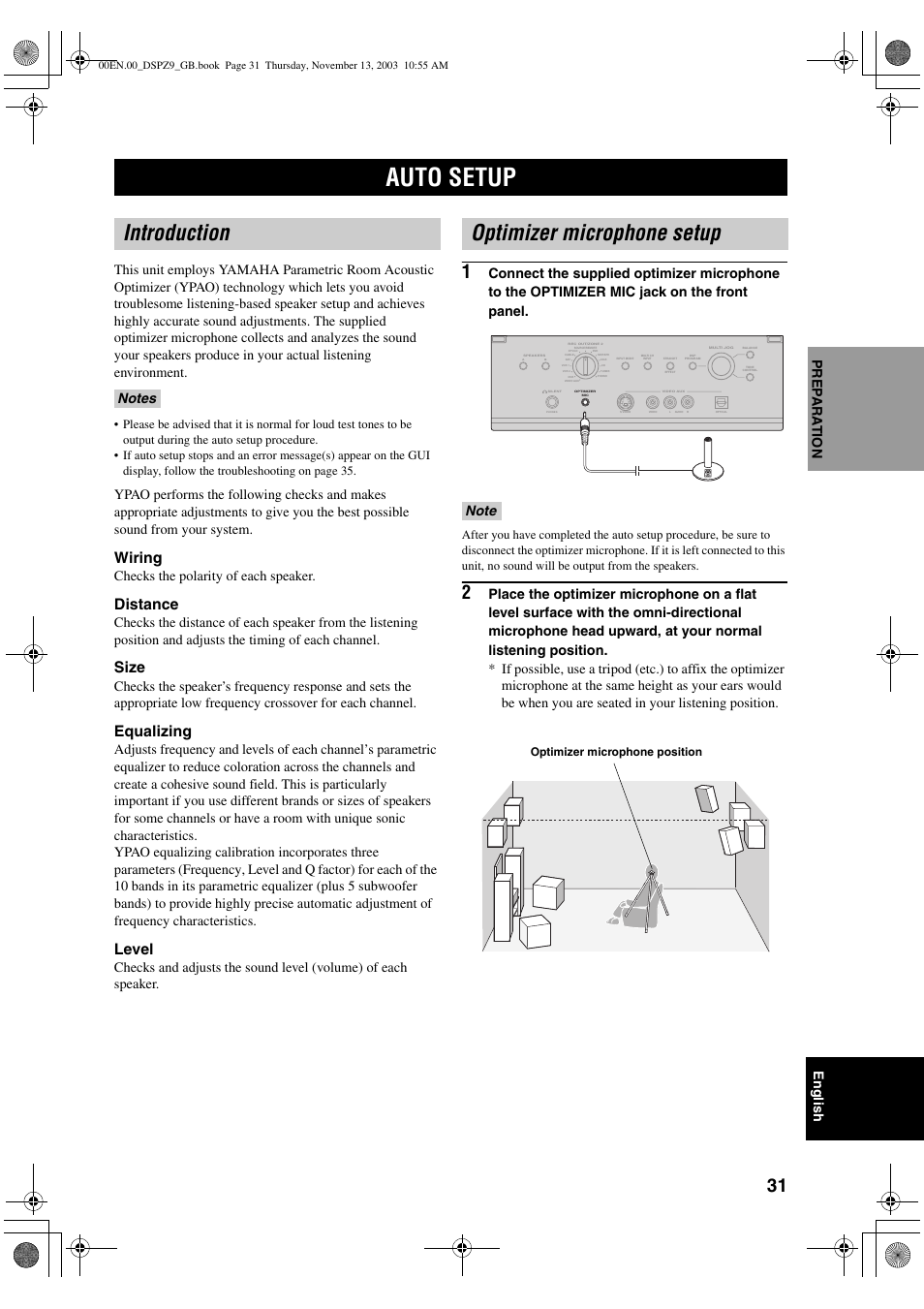 Auto setup, Introduction, Optimizer microphone setup | Wiring, Distance, Size, Equalizing, Level, Checks the polarity of each speaker, Optimizer microphone position | Yamaha DSP-Z9 User Manual | Page 33 / 122