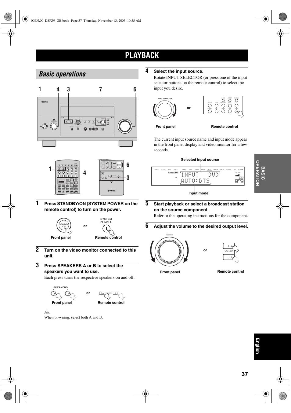 Basic operation, Playback, Basic operations | English ba s ic opera t ion, Turn on the video monitor connected to this unit, Adjust the volume to the desired output level, Phono dvr, Preset disc effect, When bi-wiring, select both a and b, Front panel remote control or | Yamaha DSP-Z9 User Manual | Page 39 / 122