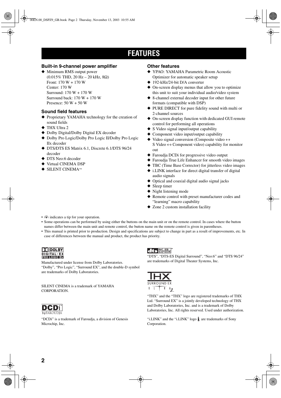 Features | Yamaha DSP-Z9 User Manual | Page 4 / 122