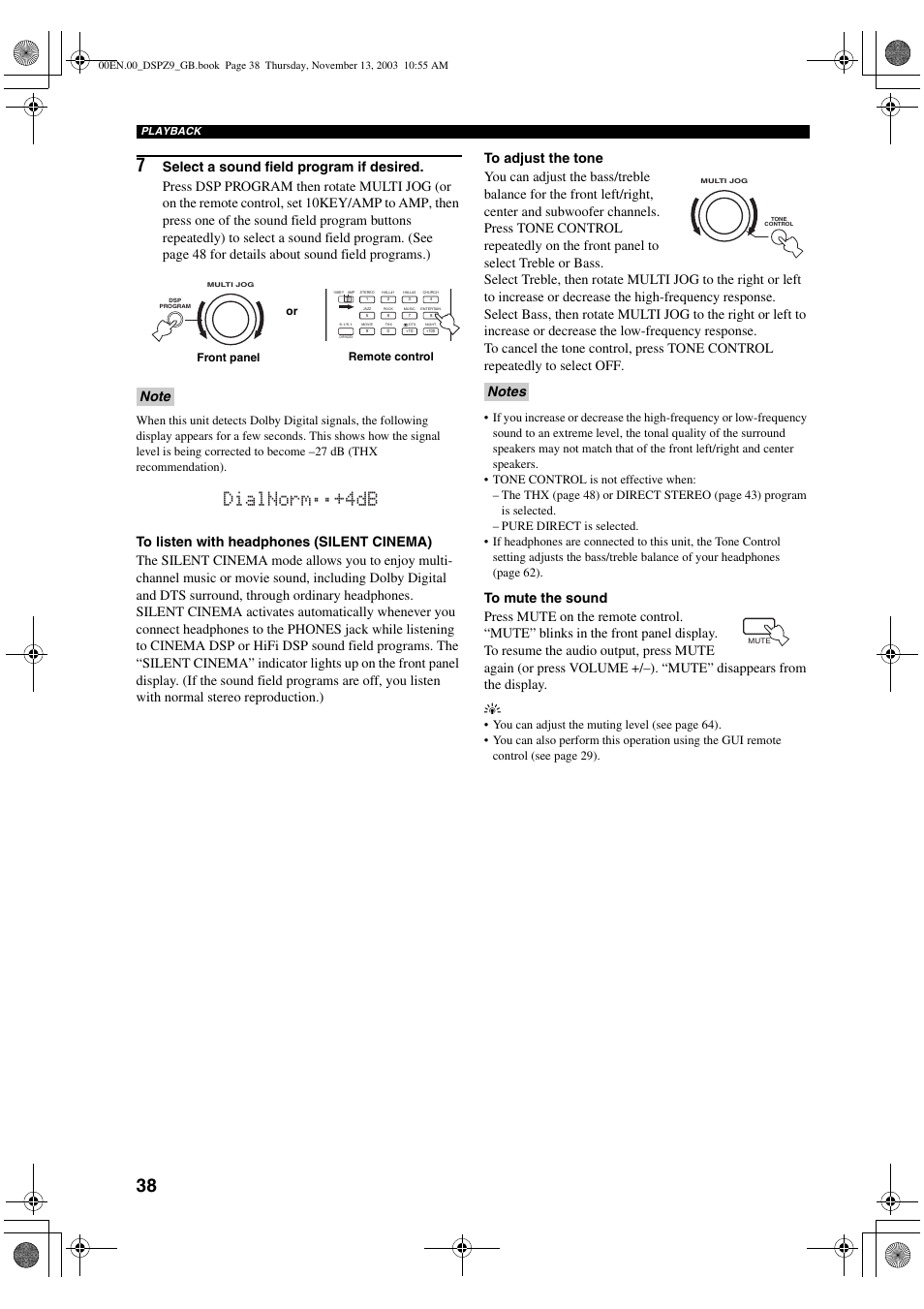 Dialnorm ;;+4db, Remote control front panel or | Yamaha DSP-Z9 User Manual | Page 40 / 122