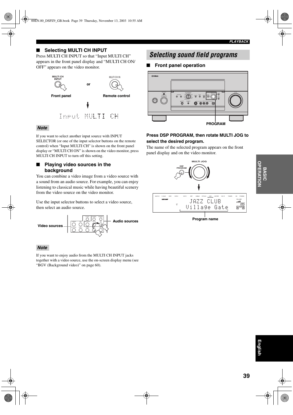 Selecting sound field programs, Selecting multi ch input, Playing video sources in the background | Front panel operation, English, Ba s ic opera t ion, Phono dvr | Yamaha DSP-Z9 User Manual | Page 41 / 122