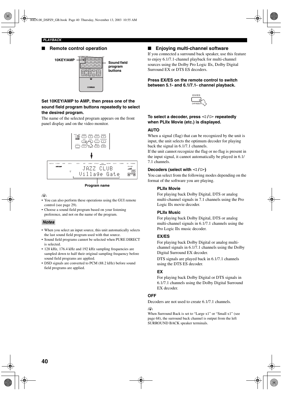 Remote control operation, Enjoying multi-channel software, Preset disc effect | Sound field program buttons 10key/amp, Program name, Playback | Yamaha DSP-Z9 User Manual | Page 42 / 122