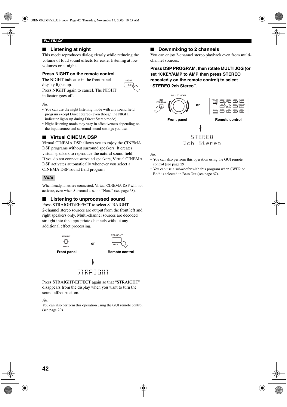 Listening at night, Virtual cinema dsp, Listening to unprocessed sound | Downmixing to 2 channels | Yamaha DSP-Z9 User Manual | Page 44 / 122