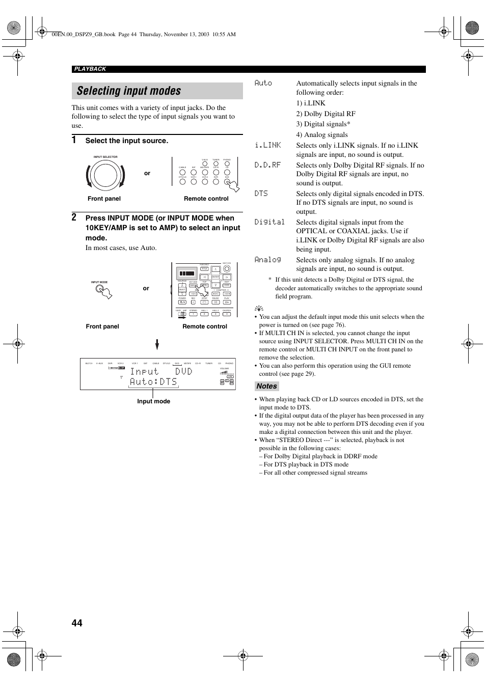 Selecting input modes, Select the input source, Or front panel remote control | Front panel remote control or input mode | Yamaha DSP-Z9 User Manual | Page 46 / 122