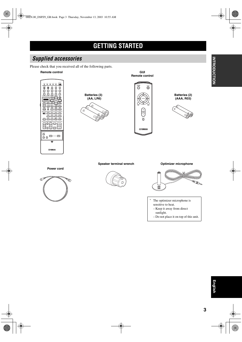 Getting started, Supplied accessories, Gui remote control | Yamaha DSP-Z9 User Manual | Page 5 / 122