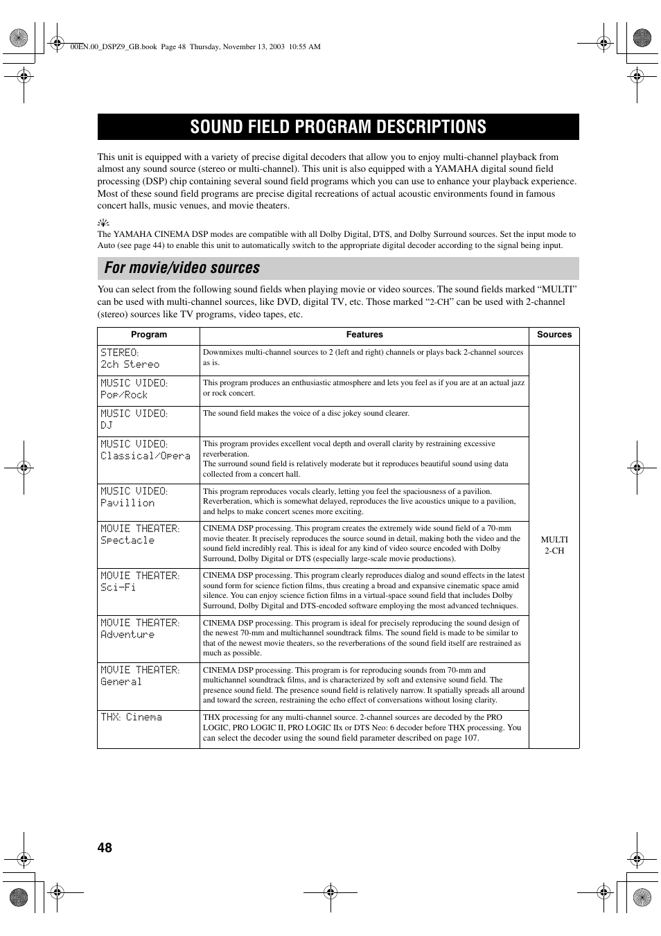 Sound field programs, Sound field program descriptions, For movie/video sources | Yamaha DSP-Z9 User Manual | Page 50 / 122