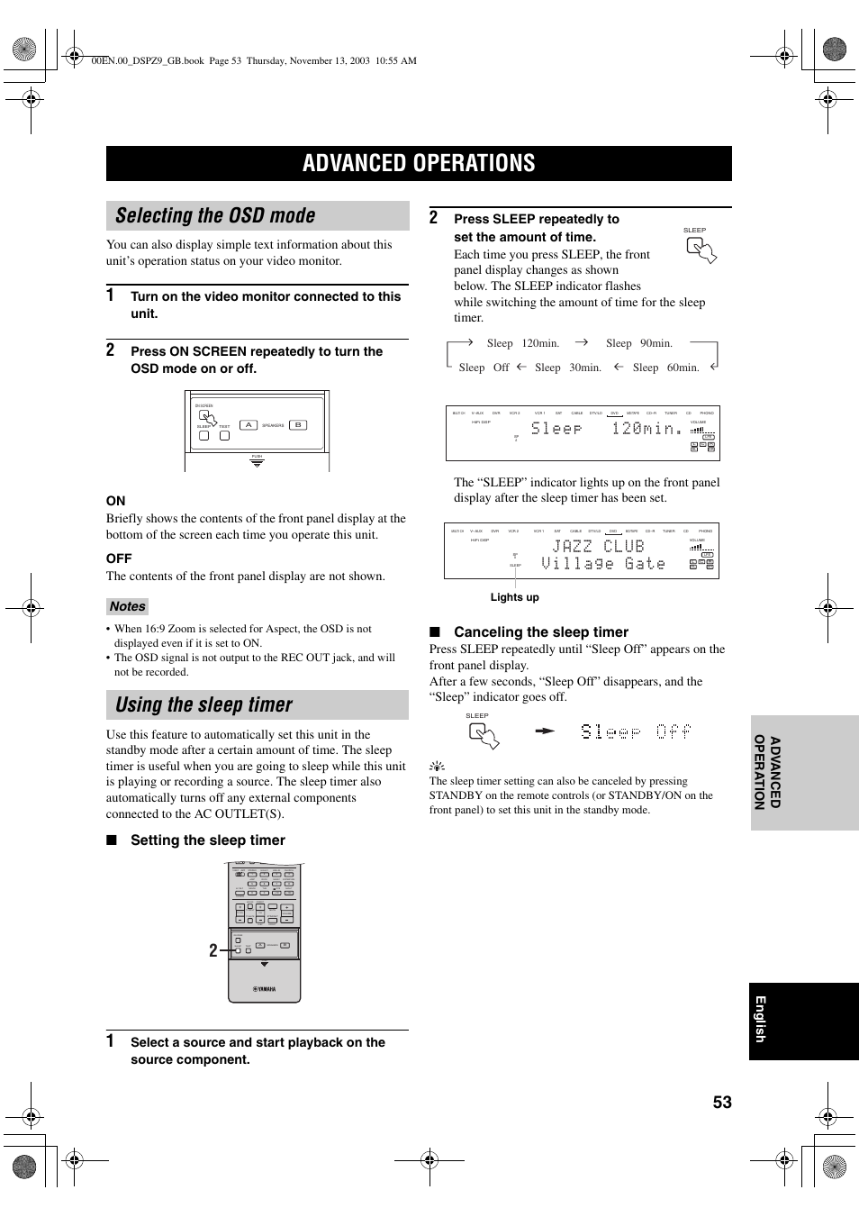 Advanced operation, Advanced operations, Selecting the osd mode | Using the sleep timer, Setting the sleep timer, Canceling the sleep timer, Turn on the video monitor connected to this unit, Preset disc effect, Lights up | Yamaha DSP-Z9 User Manual | Page 55 / 122