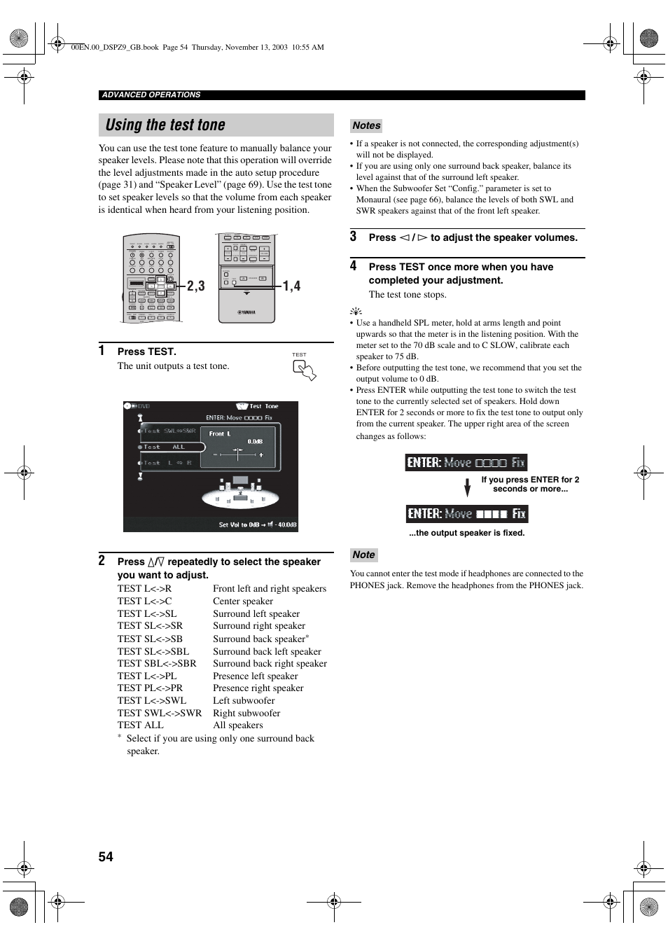 Using the test tone, Press test. the unit outputs a test tone, Press l / h to adjust the speaker volumes | Preset disc effect | Yamaha DSP-Z9 User Manual | Page 56 / 122