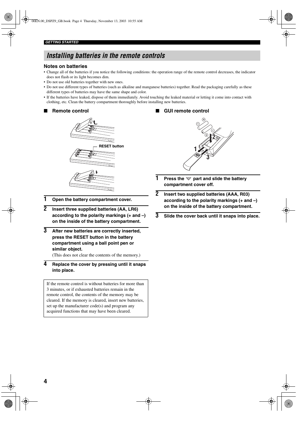 Installing batteries in the remote controls | Yamaha DSP-Z9 User Manual | Page 6 / 122