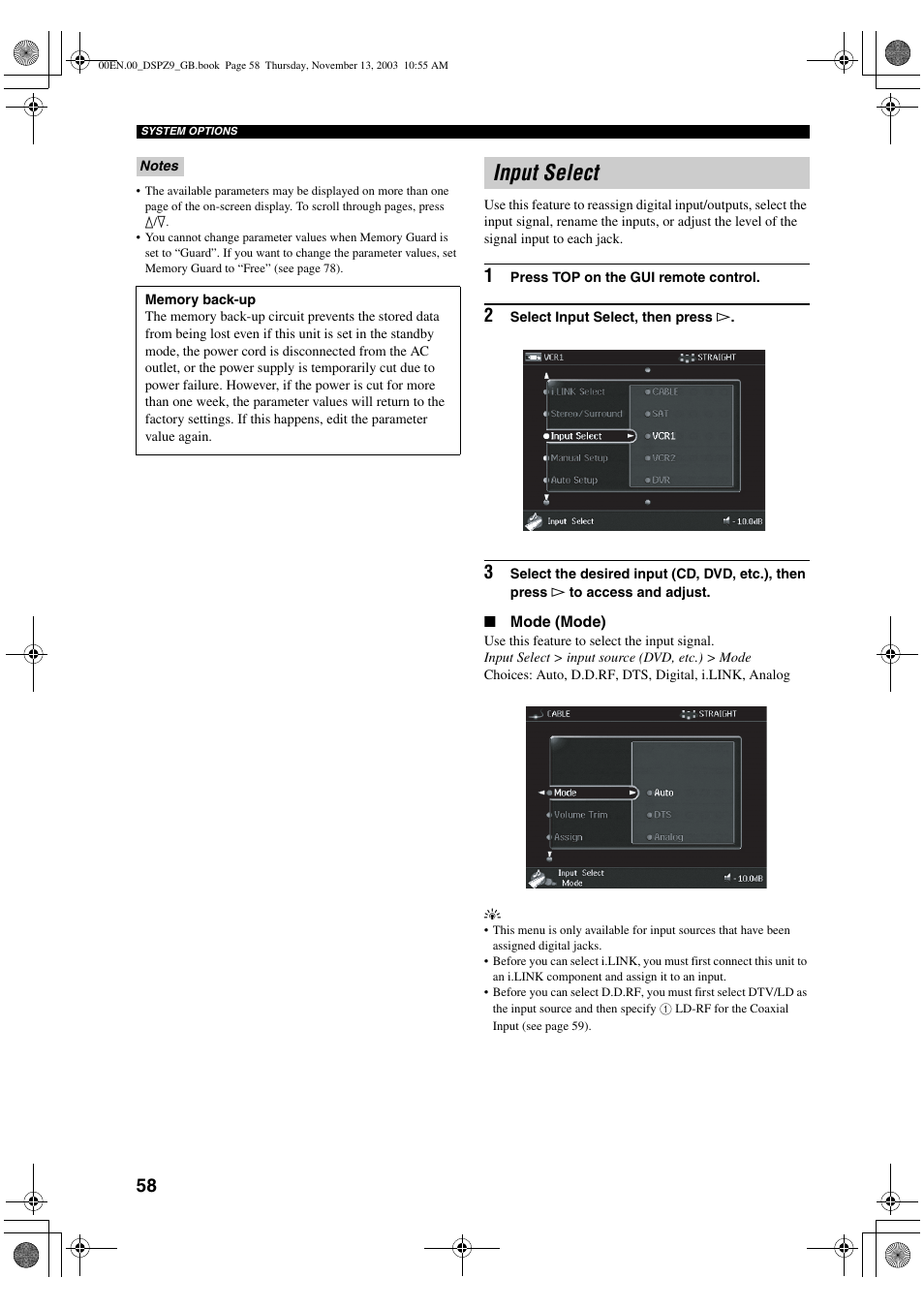 Input select | Yamaha DSP-Z9 User Manual | Page 60 / 122