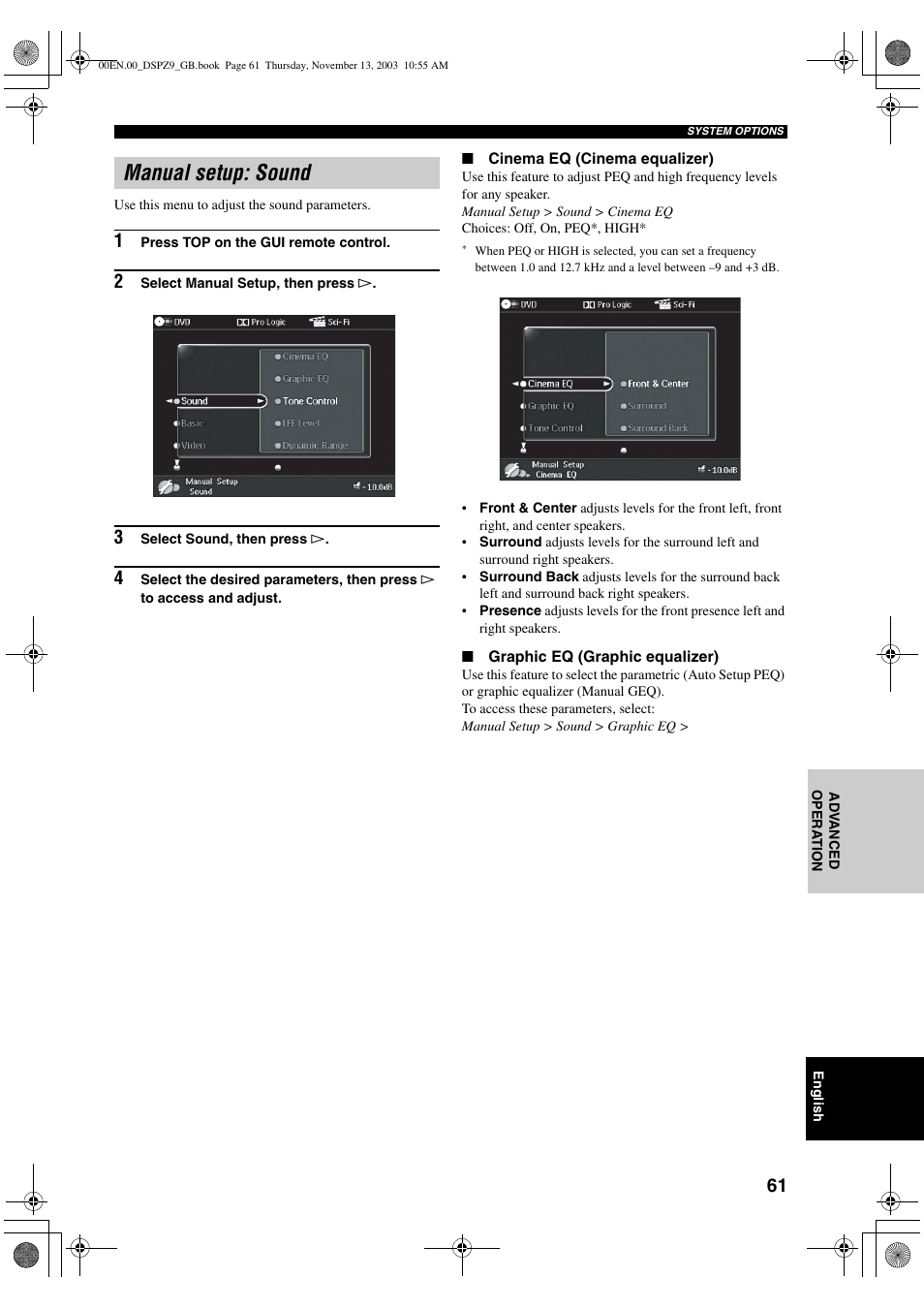 Manual setup: sound | Yamaha DSP-Z9 User Manual | Page 63 / 122