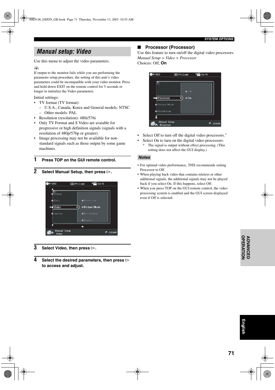 Manual setup: video | Yamaha DSP-Z9 User Manual | Page 73 / 122