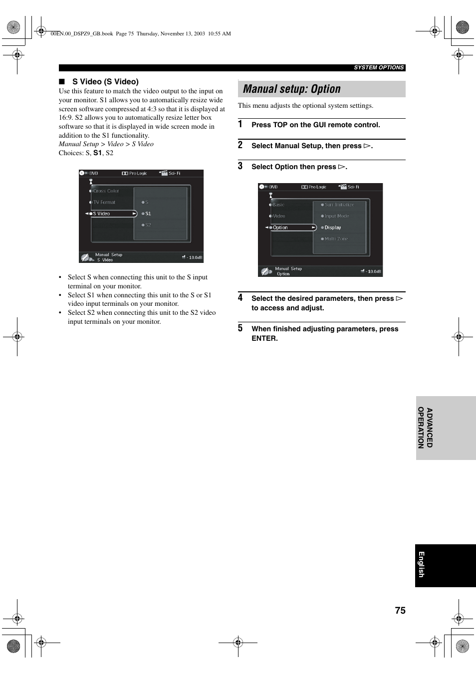 Manual setup: option | Yamaha DSP-Z9 User Manual | Page 77 / 122
