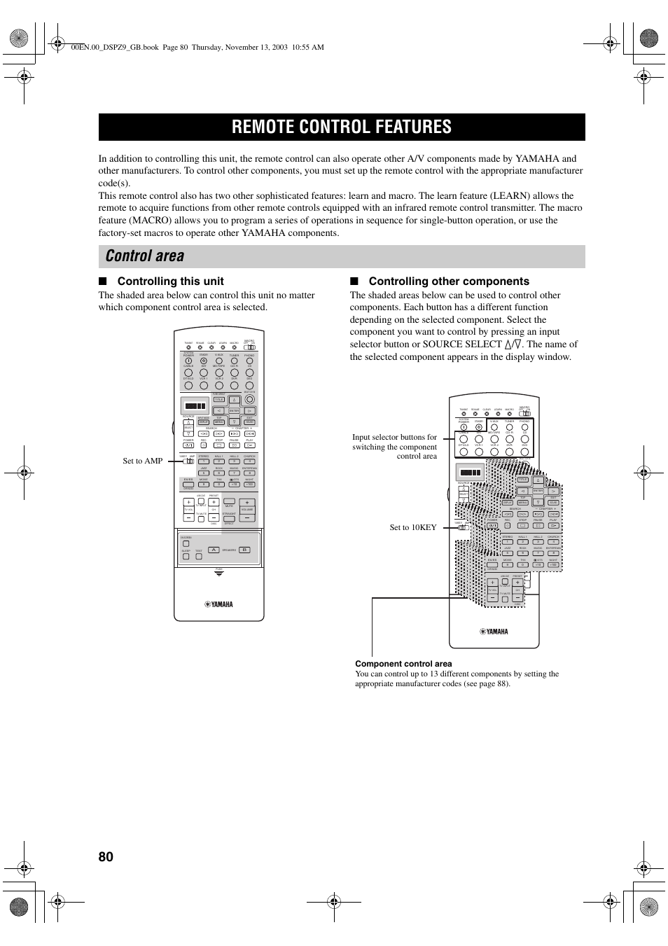 Remote control features, Control area, Controlling this unit | Controlling other components, Set to amp | Yamaha DSP-Z9 User Manual | Page 82 / 122