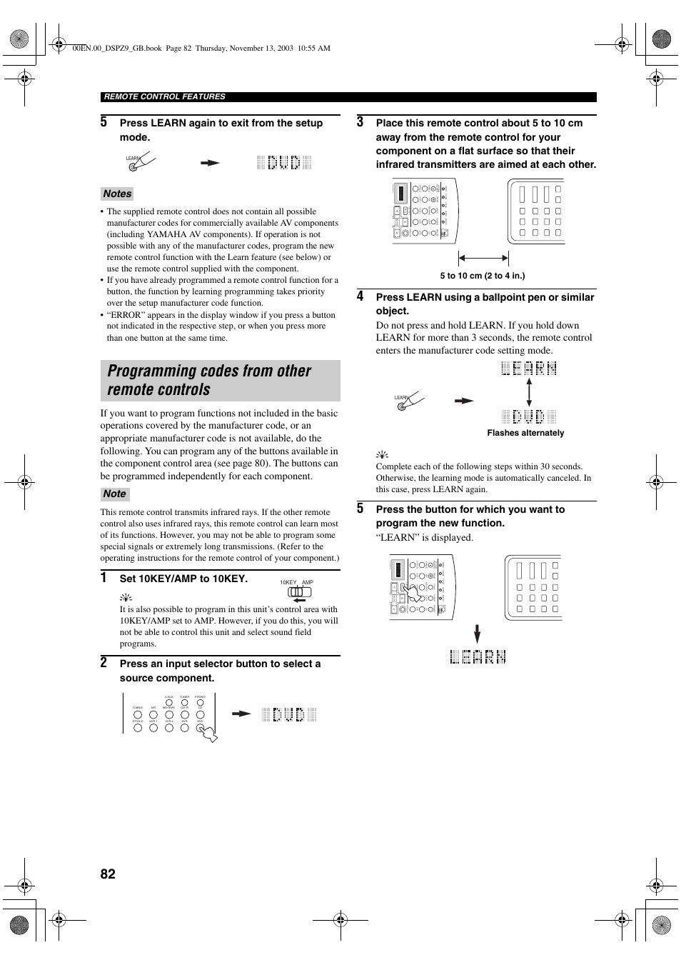 Programming codes from other remote controls, Press learn again to exit from the setup mode, Set 10key/amp to 10key. y | Remote control features | Yamaha DSP-Z9 User Manual | Page 84 / 122