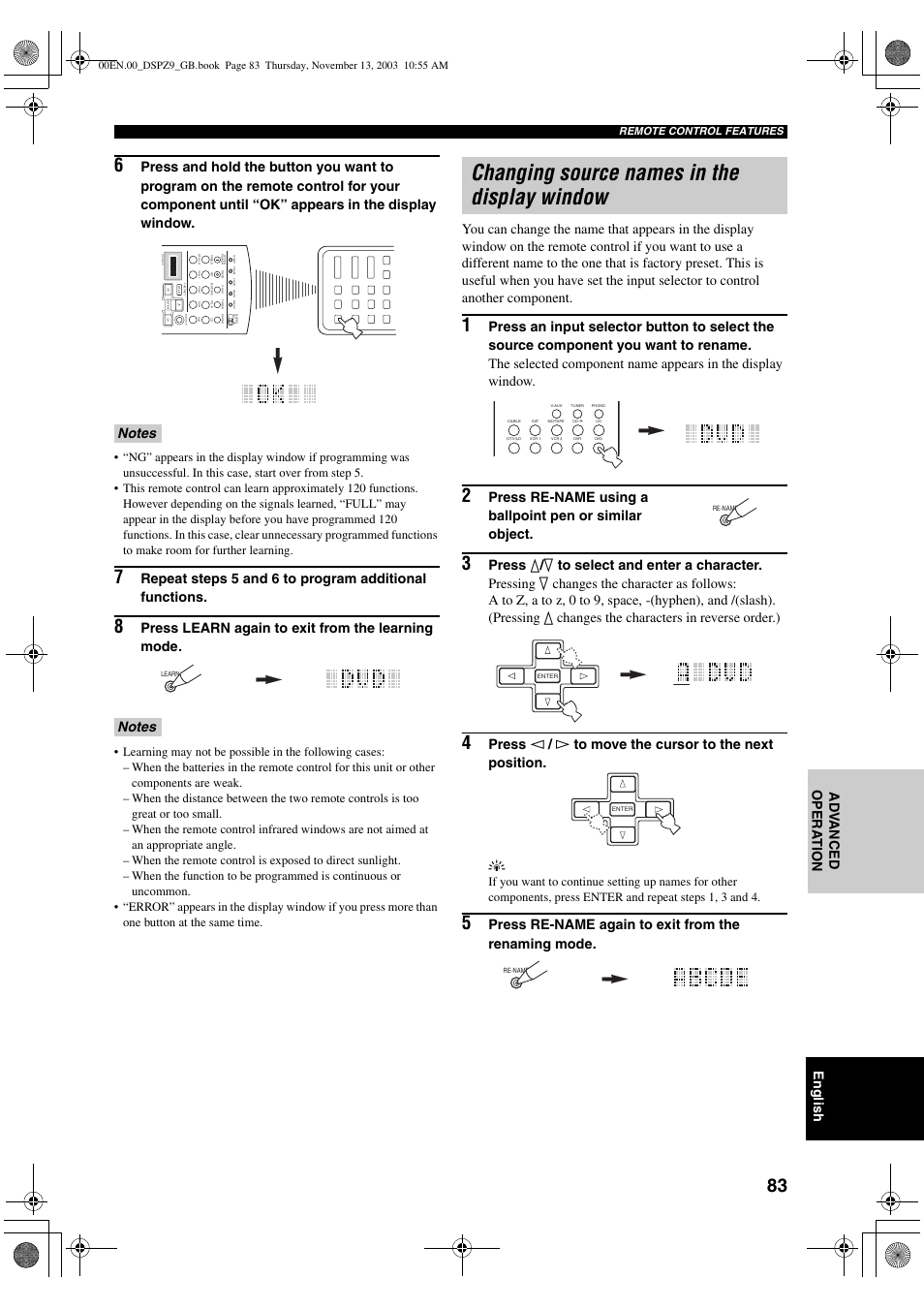 Changing source names in the display window, English, Ad v anced opera t ion | Press learn again to exit from the learning mode | Yamaha DSP-Z9 User Manual | Page 85 / 122