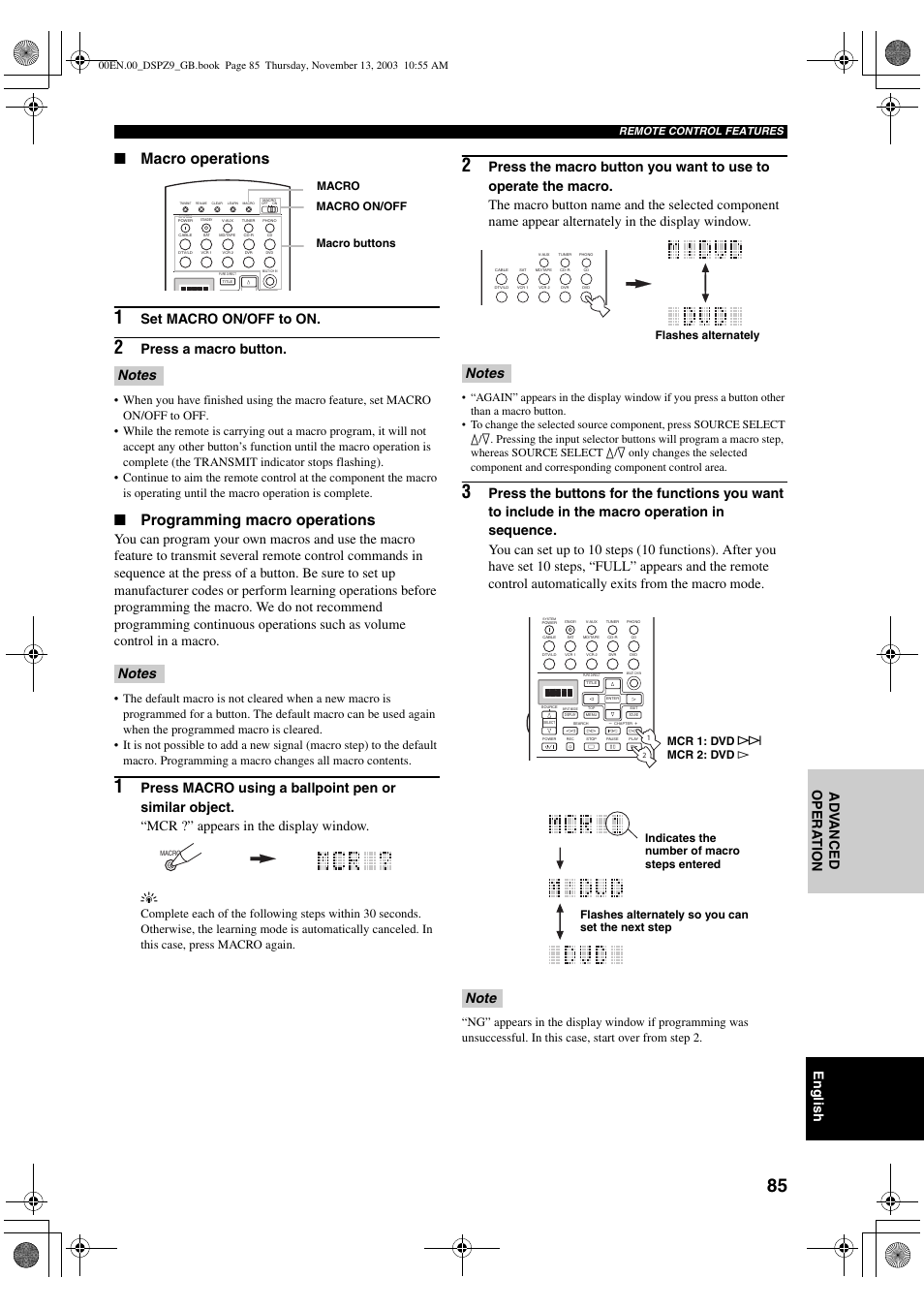 Macro operations, Programming macro operations, English | Ad v anced opera t ion, Set macro on/off to on, Press a macro button, Macro macro on/off macro buttons, Flashes alternately | Yamaha DSP-Z9 User Manual | Page 87 / 122