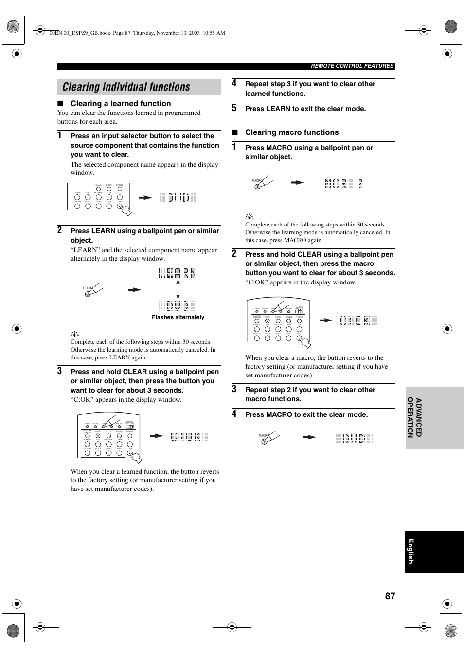 Clearing individual functions, Clearing a learned function, Clearing macro functions | English, Ad v anced opera t ion, Press learn to exit the clear mode, Press macro to exit the clear mode, Flashes alternately | Yamaha DSP-Z9 User Manual | Page 89 / 122