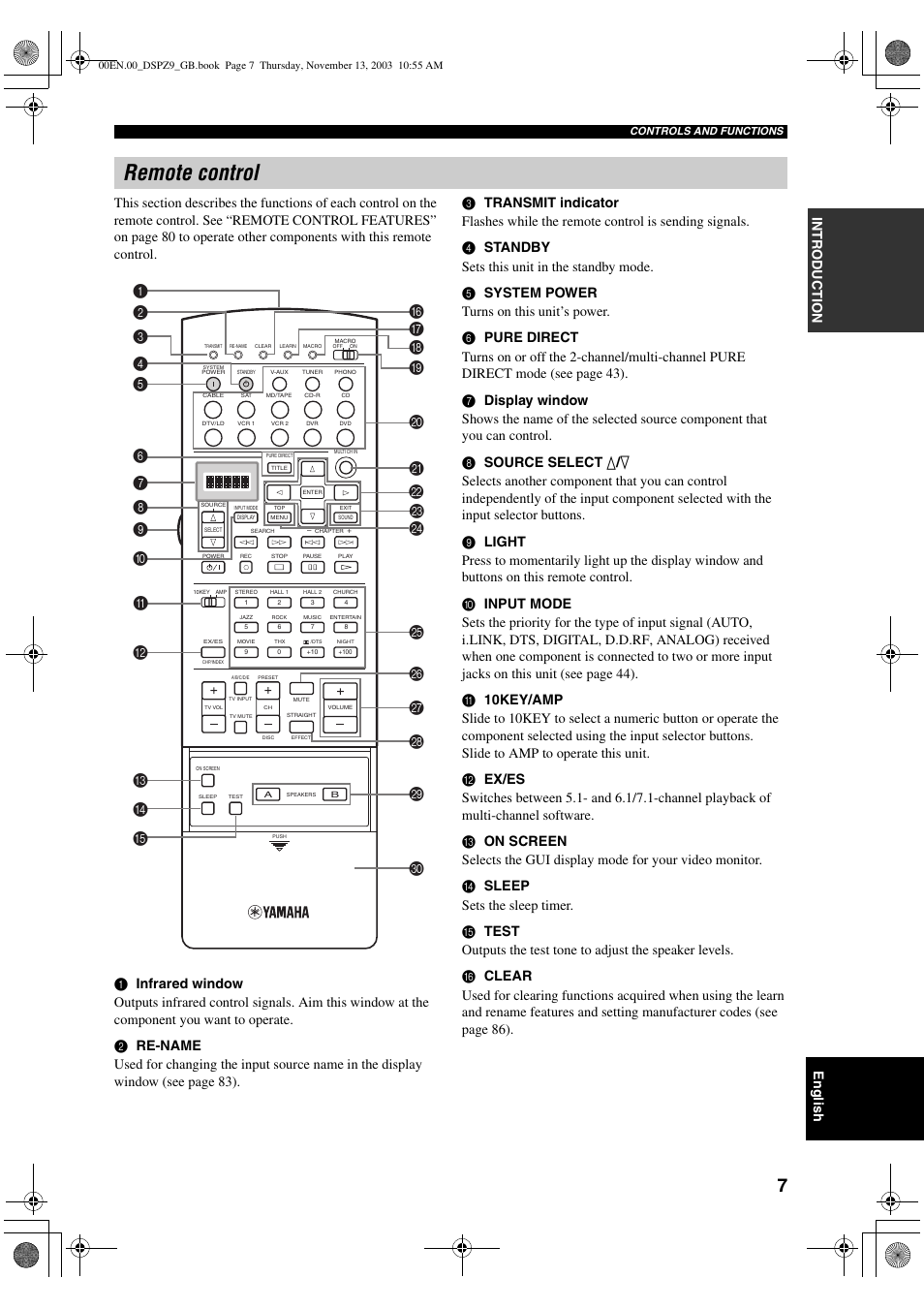 Remote control | Yamaha DSP-Z9 User Manual | Page 9 / 122