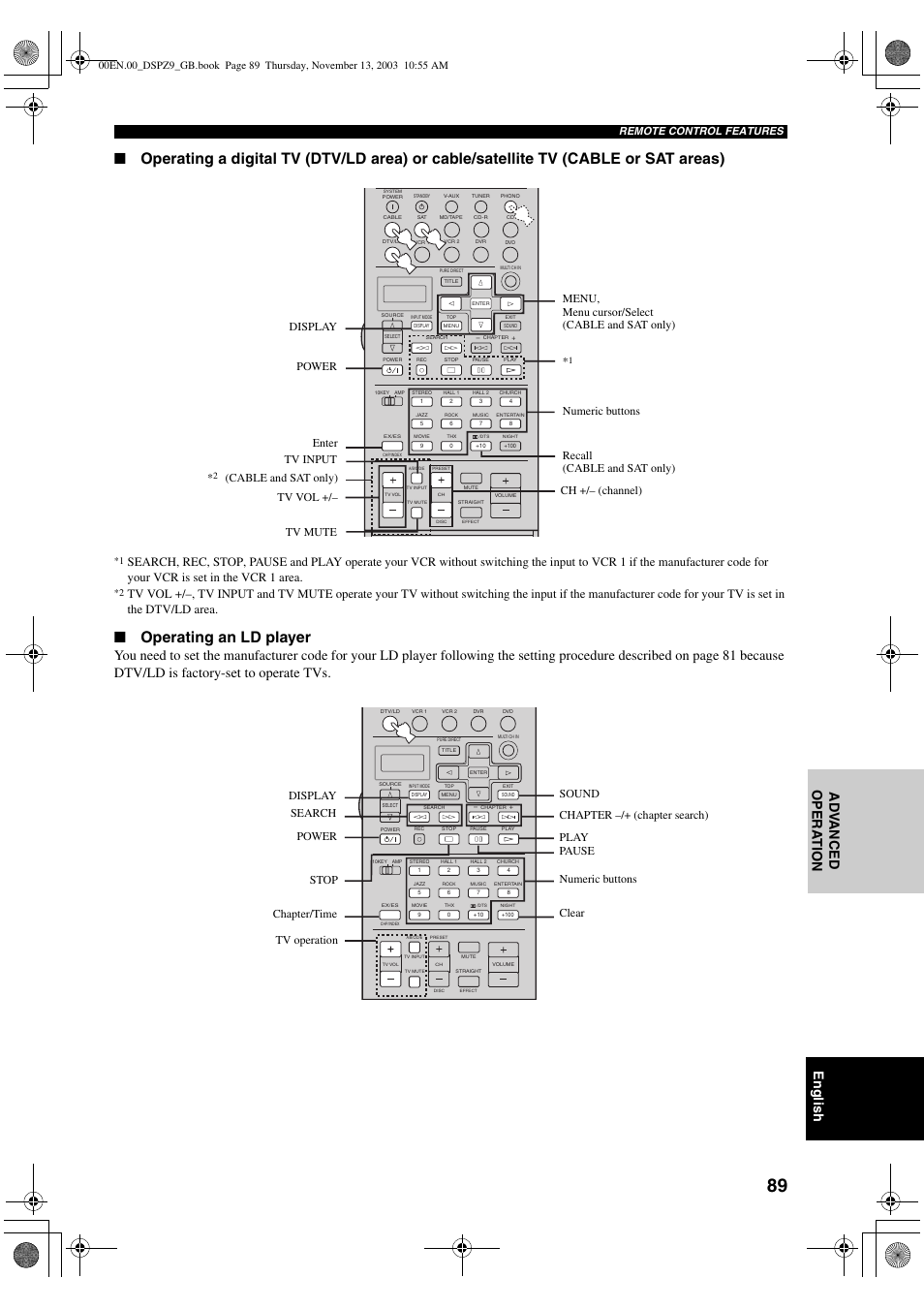 Operating an ld player, English, Ad v anced opera t ion | Display power enter tv vol +/– tv mute, Ch +/– (channel), Remote control features | Yamaha DSP-Z9 User Manual | Page 91 / 122