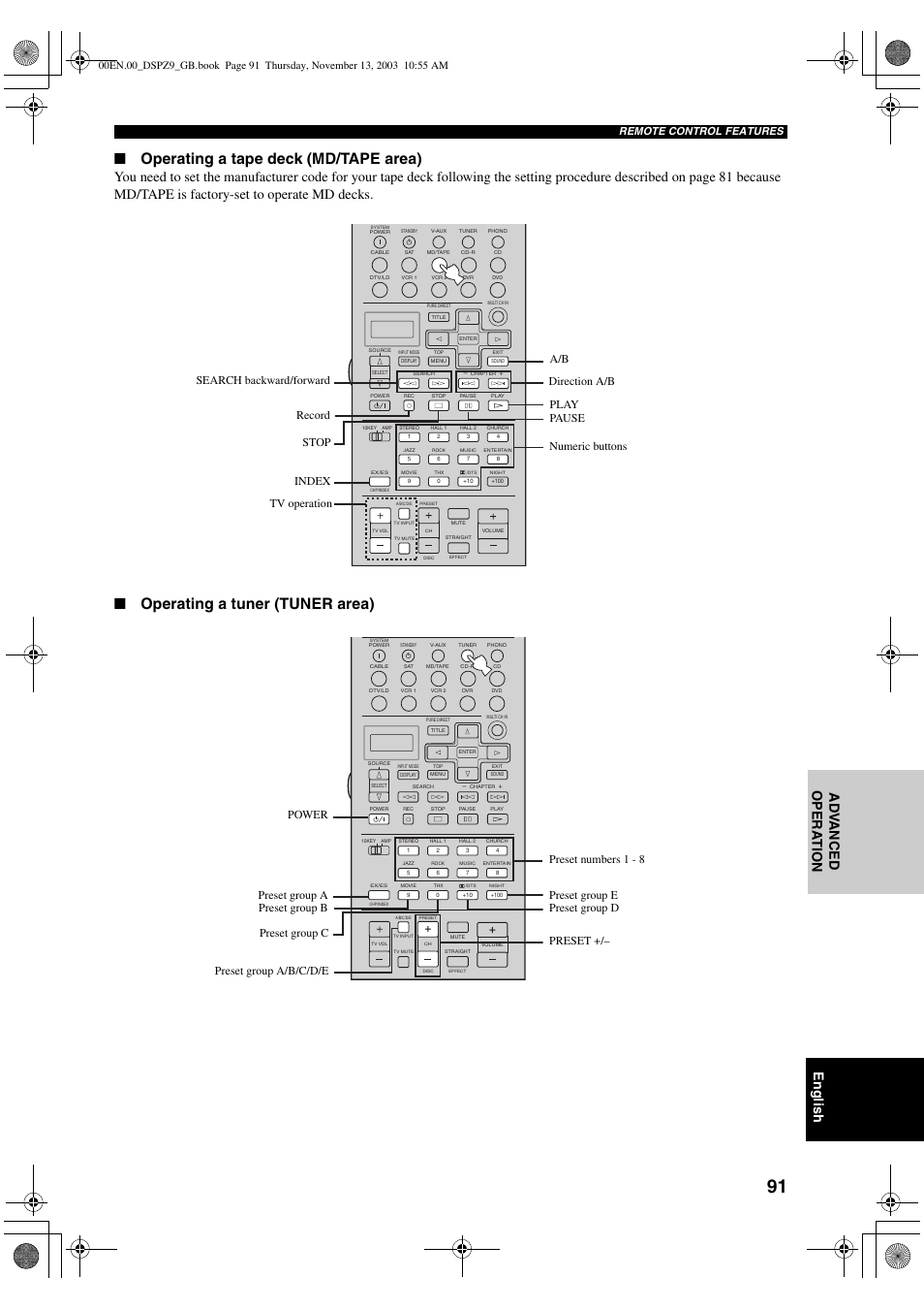Operating a tape deck (md/tape area), Operating a tuner (tuner area), English | Ad v anced opera t ion, Remote control features | Yamaha DSP-Z9 User Manual | Page 93 / 122
