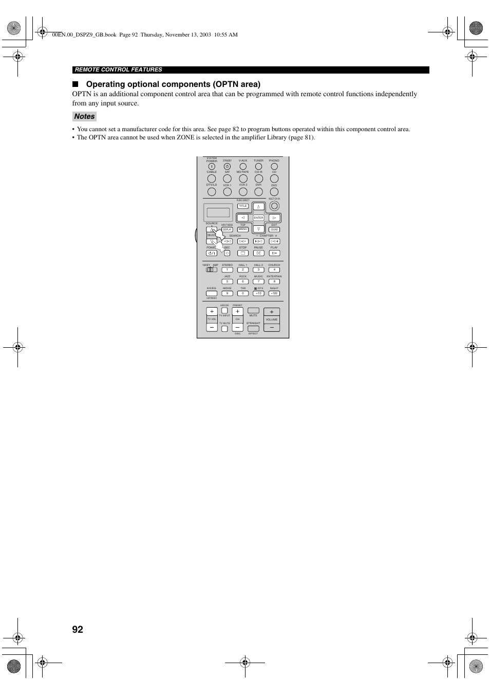 Operating optional components (optn area), Remote control features | Yamaha DSP-Z9 User Manual | Page 94 / 122