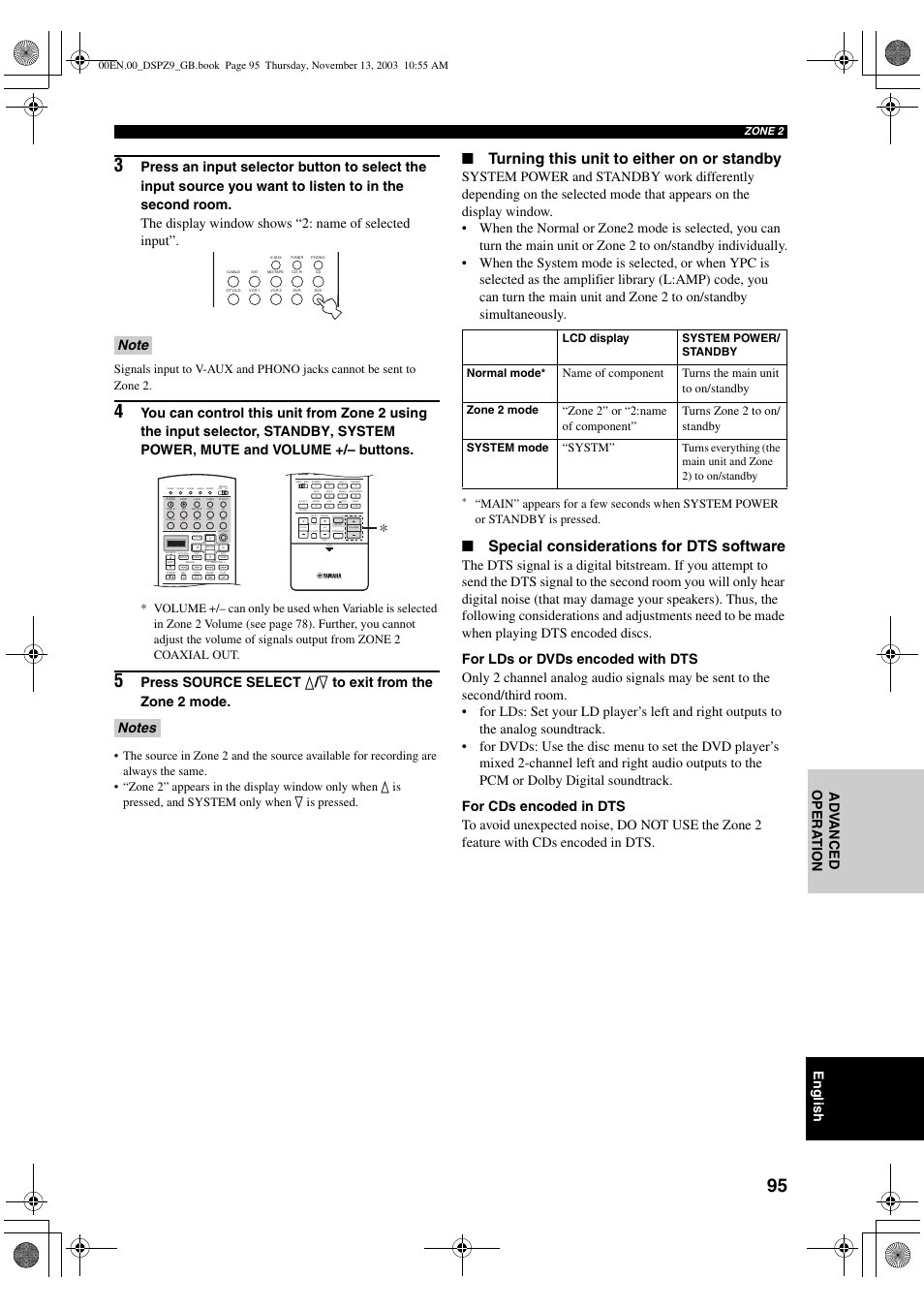 Turning this unit to either on or standby, Special considerations for dts software, English | Ad v anced opera t ion, Preset disc effect, Zone 2 | Yamaha DSP-Z9 User Manual | Page 97 / 122