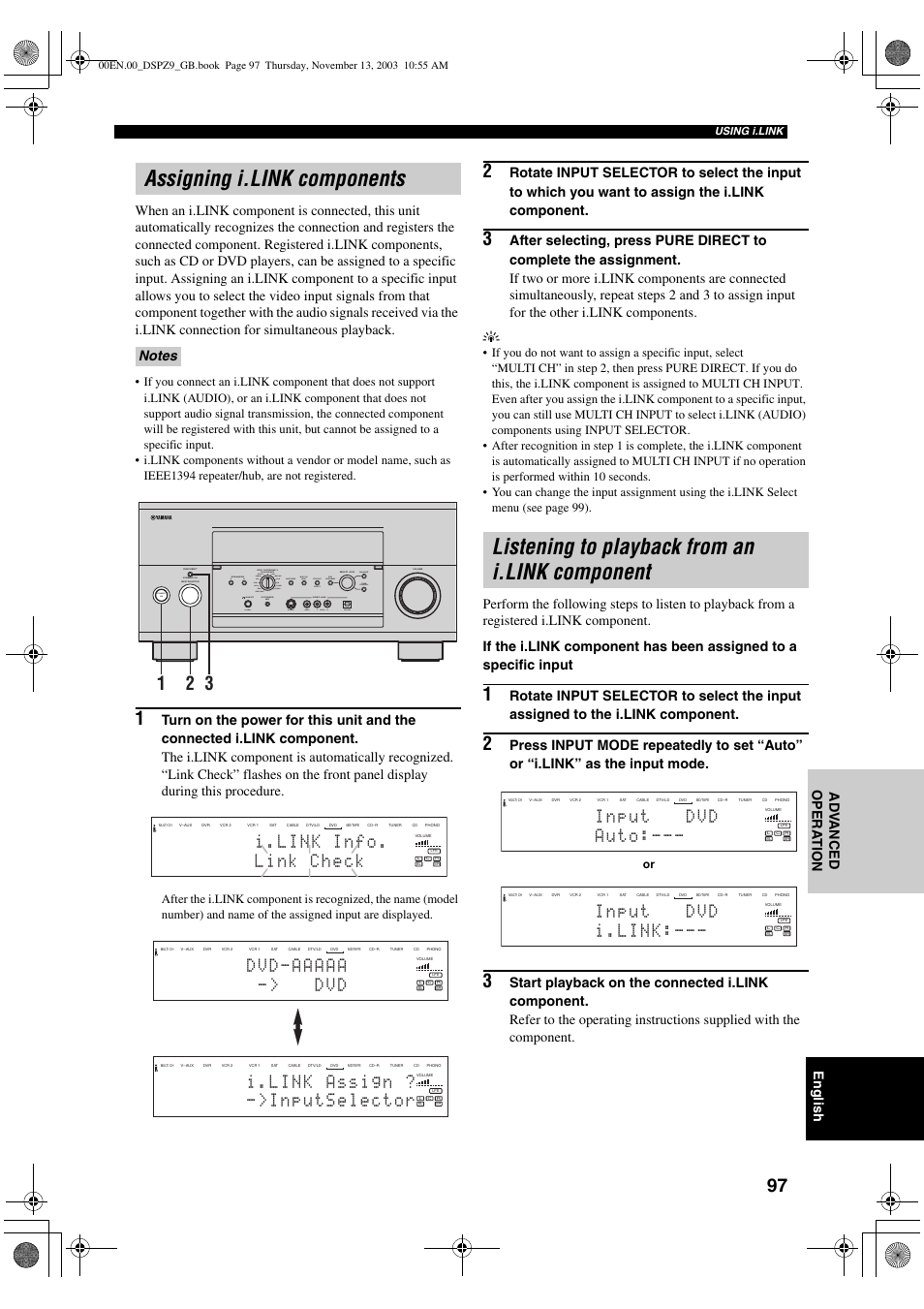 Assigning i.link components, Listening to playback from an i.link component, I . l i n k | English | Yamaha DSP-Z9 User Manual | Page 99 / 122