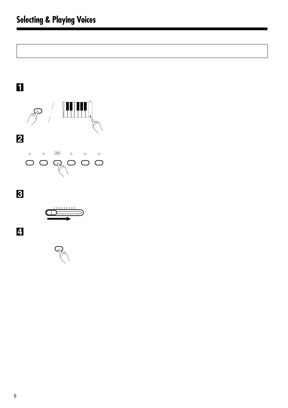 Playing the demonstration tunes, Selecting & playing voices, Engage the demo mode | Select a demo tune, Set the volume, Stop the demo | Yamaha CLP-122S User Manual | Page 8 / 31
