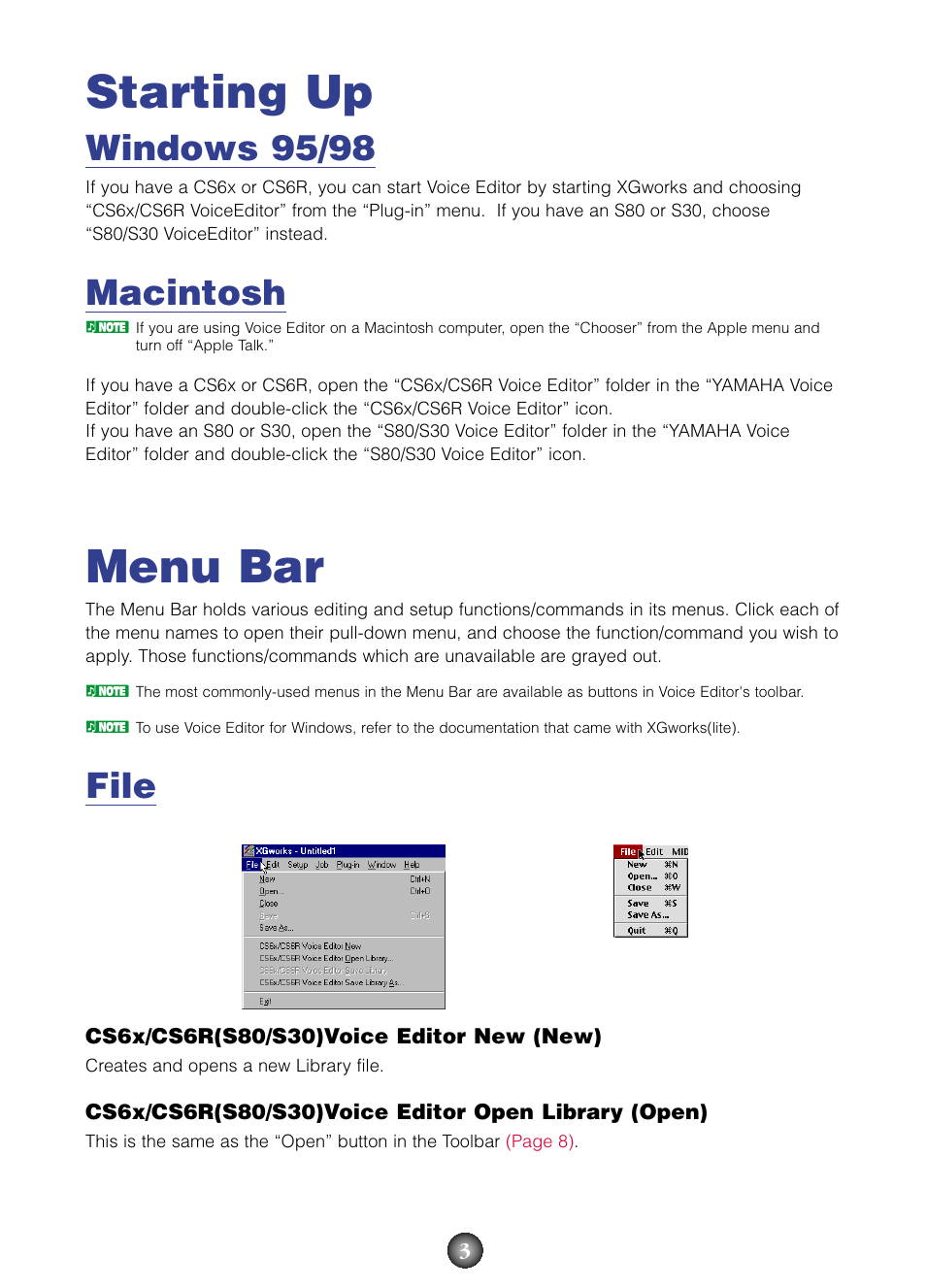 Starting up, Menu bar, Starting up menu bar | Windows 95/98, Macintosh, File | Yamaha S80  EN User Manual | Page 3 / 30