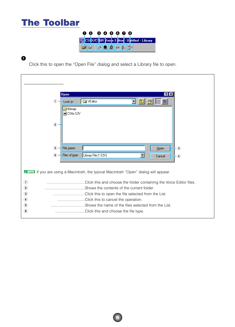 The toolbar, Open file” dialog | Yamaha S80  EN User Manual | Page 8 / 30