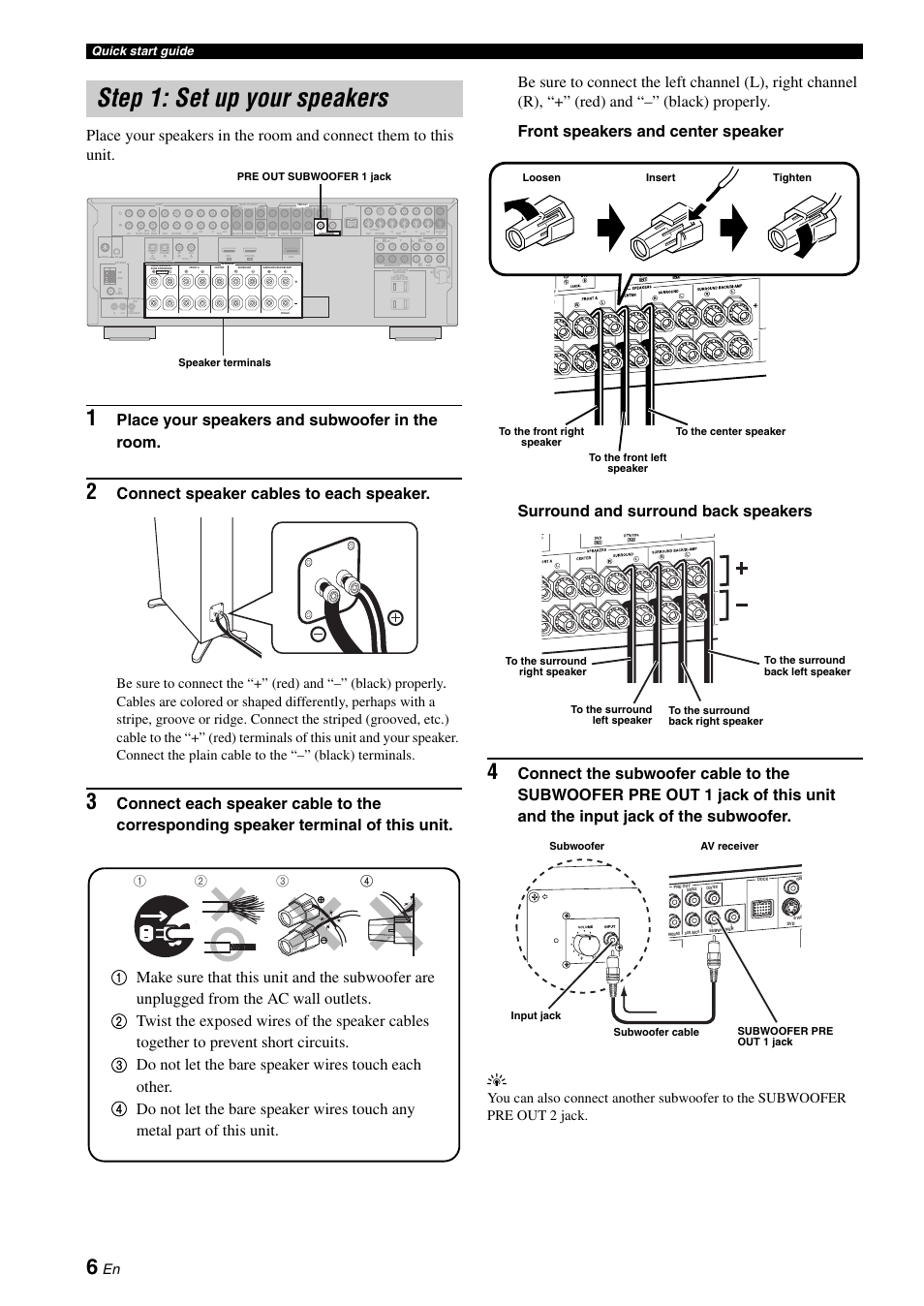 Step 1: set up your speakers, P. 6, Place your speakers and subwoofer in the room | Connect speaker cables to each speaker, Quick start guide, Speaker terminals pre out subwoofer 1 jack | Yamaha HTR-6160 User Manual | Page 10 / 144