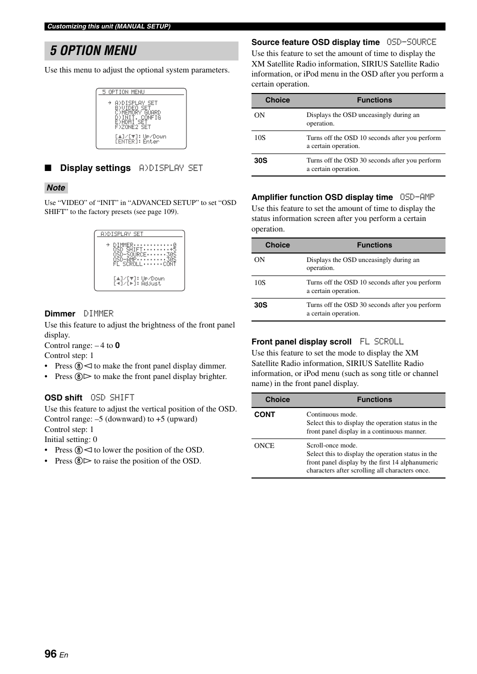 5 option menu, Display settings | Yamaha HTR-6160 User Manual | Page 100 / 144